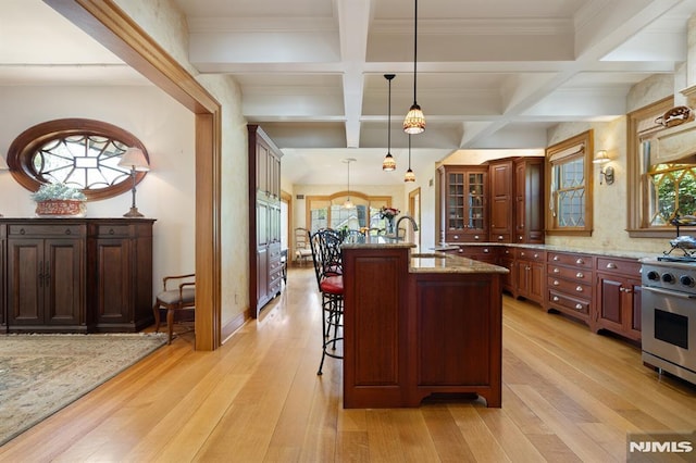 kitchen with a sink, coffered ceiling, stainless steel gas stove, and a healthy amount of sunlight