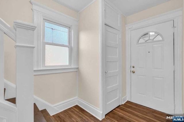 entrance foyer featuring baseboards and dark wood-style flooring