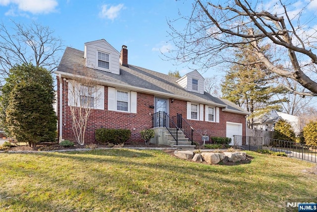 cape cod-style house with brick siding, fence, a front yard, a chimney, and a garage