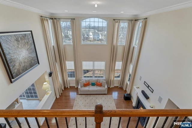 interior space featuring baseboards, crown molding, and wood finished floors