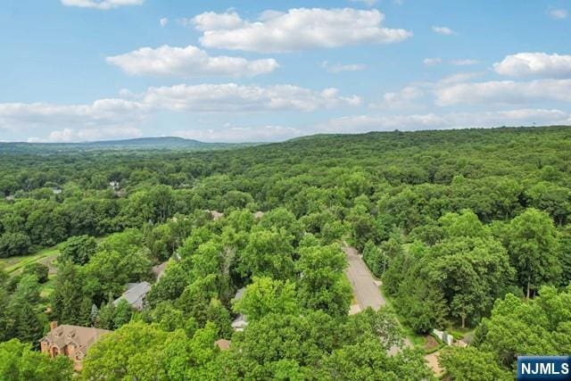 drone / aerial view featuring a forest view