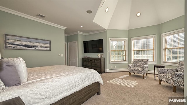 carpeted bedroom with recessed lighting, visible vents, baseboards, baseboard heating, and crown molding