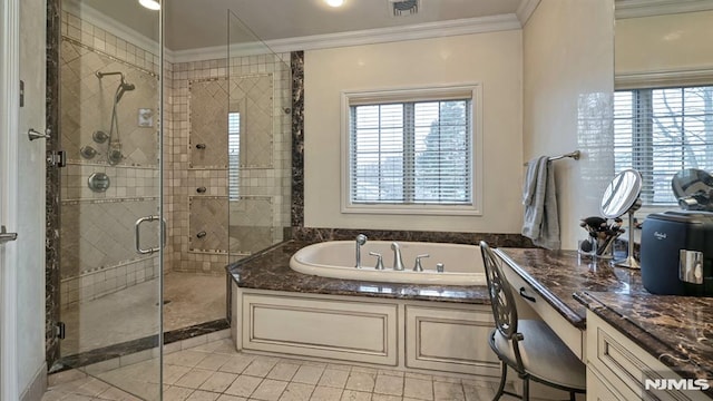 bathroom featuring a wealth of natural light, visible vents, crown molding, a shower stall, and a bath