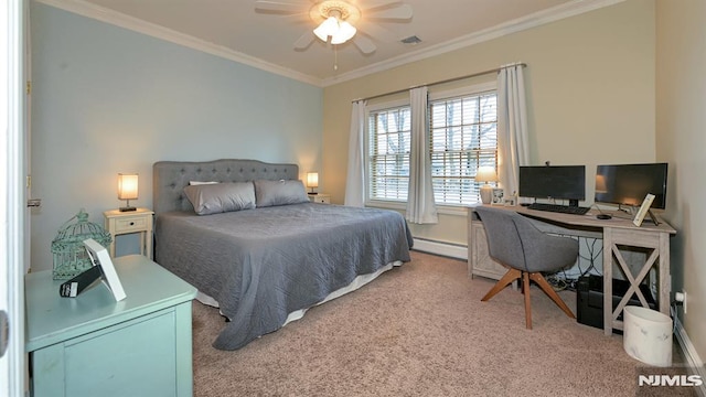 carpeted bedroom featuring ceiling fan, visible vents, ornamental molding, and baseboard heating