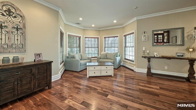 sitting room with dark wood-style floors, ornamental molding, baseboard heating, and baseboards