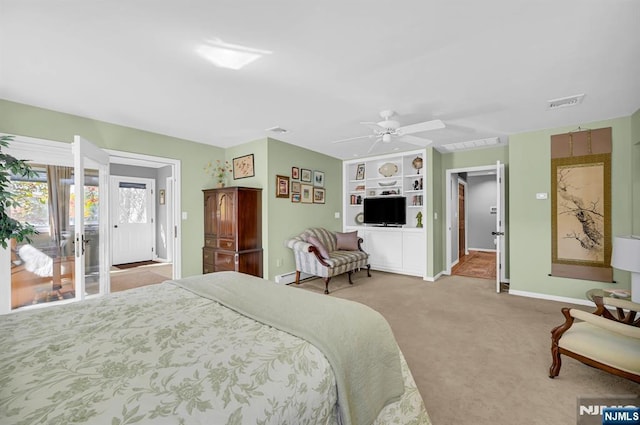 bedroom with a ceiling fan, carpet, visible vents, and baseboards