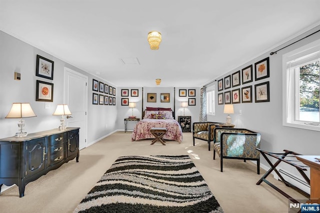 bedroom with light carpet and baseboards