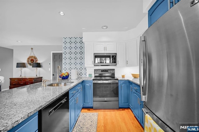 kitchen with light wood-style flooring, blue cabinets, a sink, white cabinetry, and appliances with stainless steel finishes