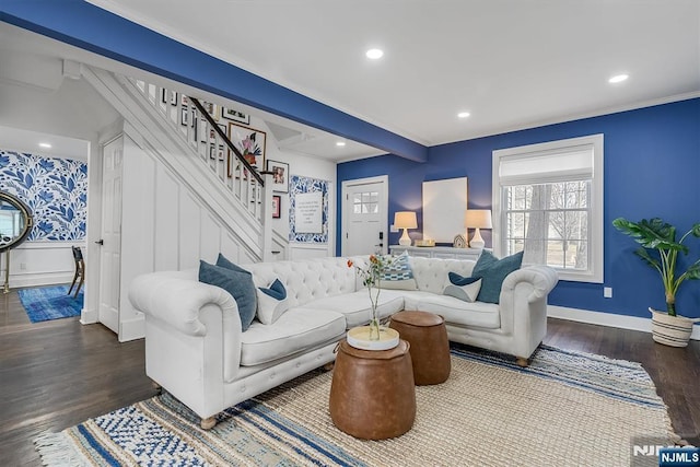 living room with beam ceiling, stairway, wood finished floors, and recessed lighting