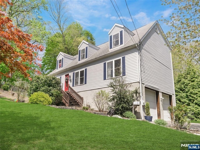 view of property exterior featuring a garage and a lawn