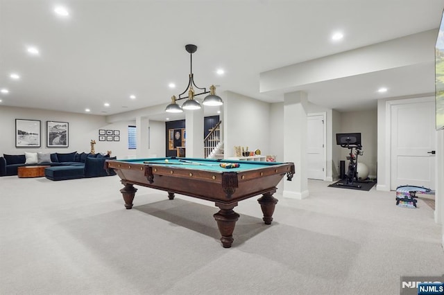 game room featuring recessed lighting, light carpet, billiards, and baseboards