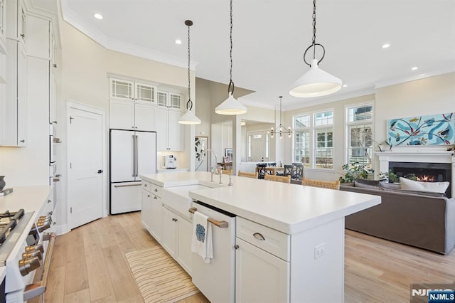 kitchen with a warm lit fireplace, ornamental molding, light countertops, and premium appliances