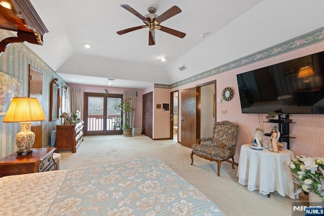 bedroom featuring light carpet, visible vents, ceiling fan, access to outside, and vaulted ceiling