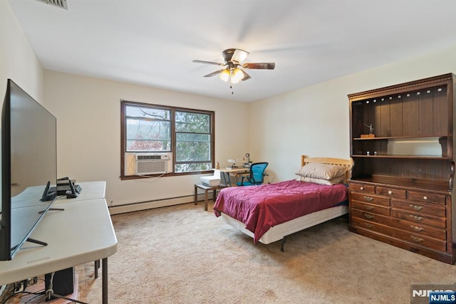 bedroom with a baseboard radiator, carpet flooring, a ceiling fan, and cooling unit