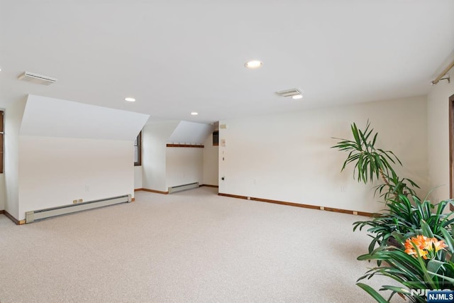 bonus room featuring a baseboard radiator, recessed lighting, light colored carpet, baseboards, and baseboard heating