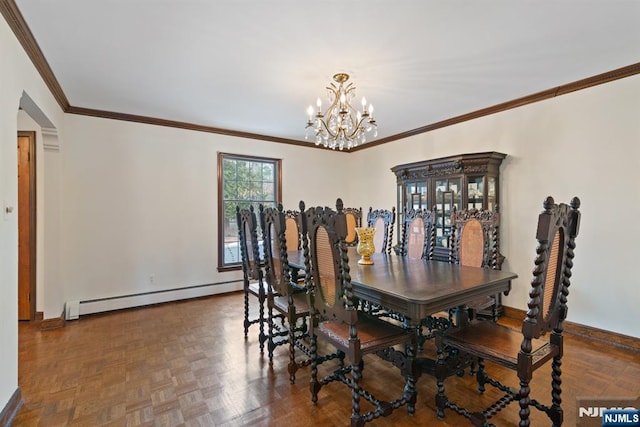 dining room featuring an inviting chandelier, a baseboard radiator, baseboards, and ornamental molding