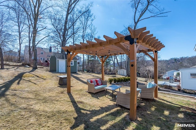 view of yard with a storage shed, an outdoor hangout area, a pergola, and an outdoor structure