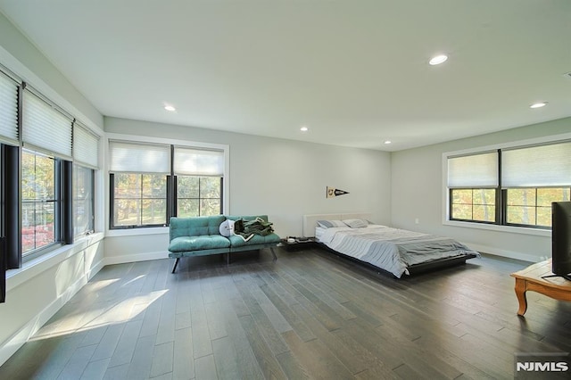 bedroom with recessed lighting, baseboards, and dark wood-style flooring