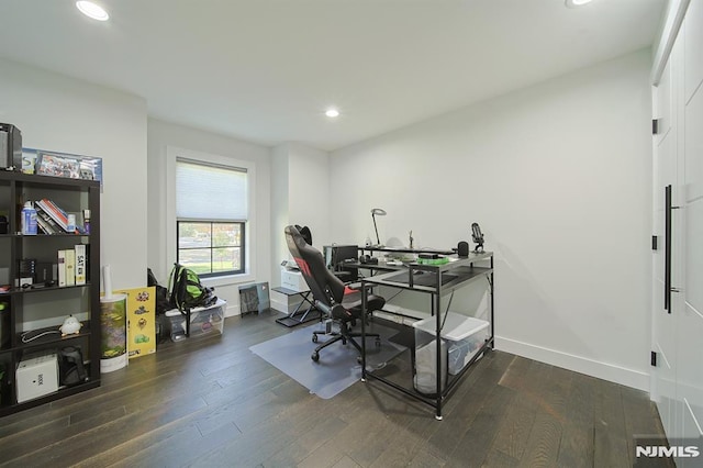 office space with recessed lighting, baseboards, and wood finished floors