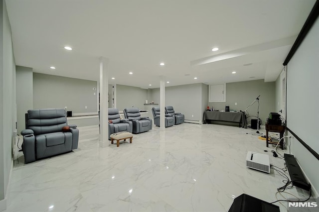 workout area with recessed lighting, marble finish floor, and baseboard heating