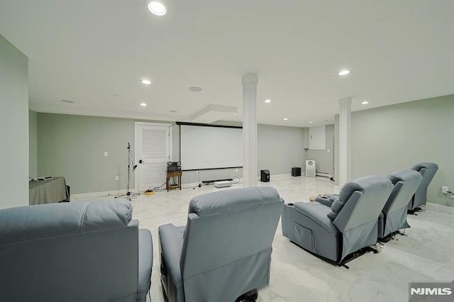 home theater room with recessed lighting, baseboards, marble finish floor, and ornate columns