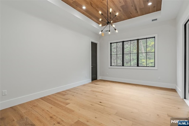 empty room featuring baseboards, a chandelier, recessed lighting, wooden ceiling, and a raised ceiling