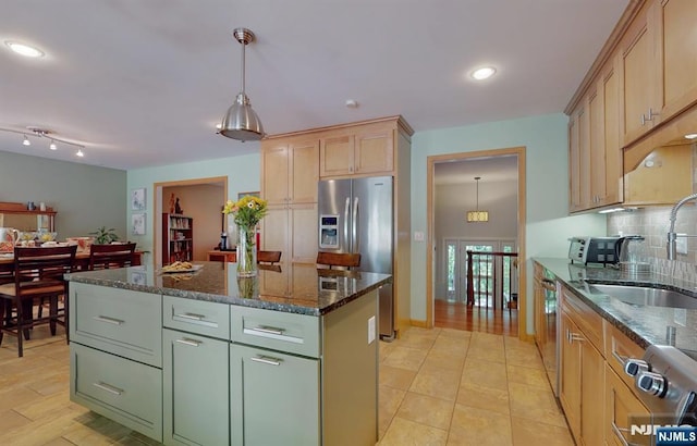 30 Brookvale Rd, Kinnelon Borough, NJ 07405 - kitchen with a sink, decorative backsplash, dark stone countertops, a kitchen island, and recessed lighting