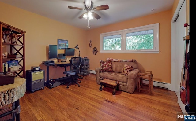 30 Brookvale Rd, Kinnelon Borough, NJ 07405 - home office with a baseboard heating unit, wood finished floors, and ceiling fan