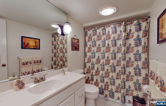 30 Brookvale Rd, Kinnelon Borough, NJ 07405 - bathroom featuring toilet, vanity, a shower with shower curtain, and tile patterned floors
