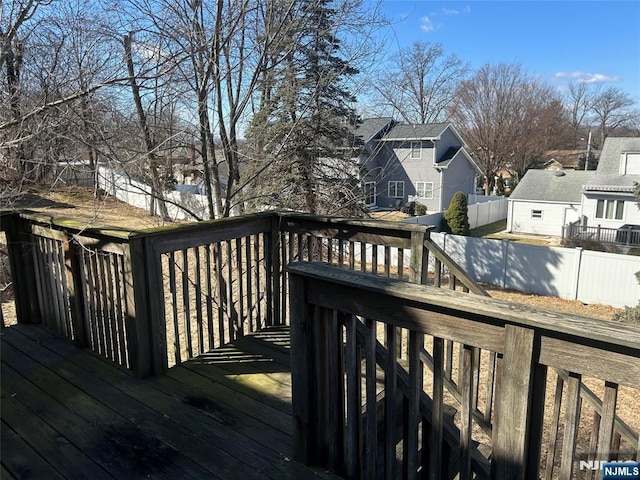 wooden deck with a fenced backyard and a residential view