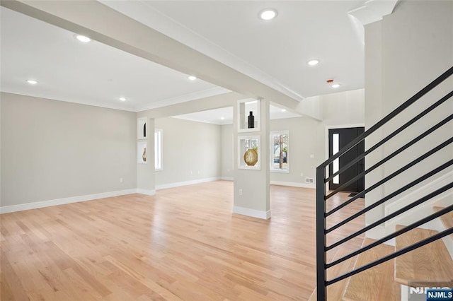 interior space featuring stairway, recessed lighting, light wood-style flooring, and baseboards