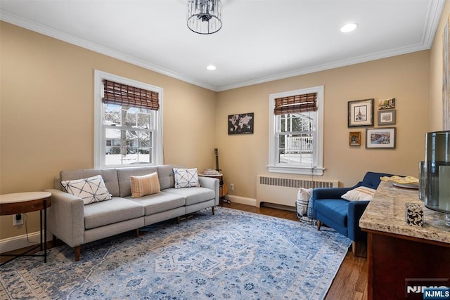 living area featuring ornamental molding, radiator, baseboards, and dark wood-style flooring