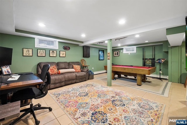 playroom with light tile patterned floors, billiards, baseboard heating, and recessed lighting