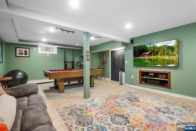 playroom featuring baseboards, pool table, light tile patterned flooring, baseboard heating, and recessed lighting