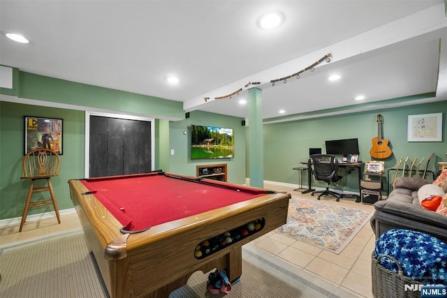 game room with light tile patterned floors, baseboards, and recessed lighting