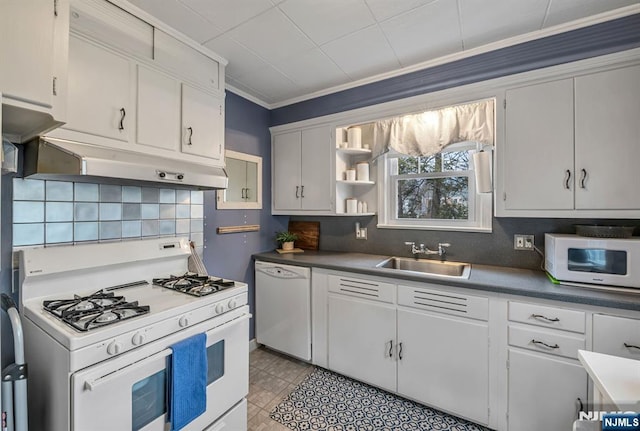 kitchen featuring decorative backsplash, ornamental molding, a sink, white appliances, and under cabinet range hood