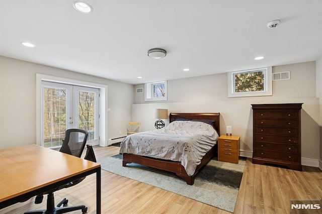 bedroom with recessed lighting, visible vents, access to exterior, french doors, and light wood finished floors