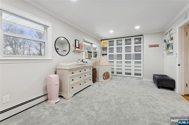 interior space featuring a baseboard heating unit, ornamental molding, recessed lighting, and light colored carpet