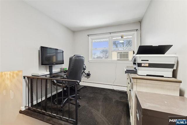 home office featuring carpet floors, cooling unit, and a baseboard heating unit