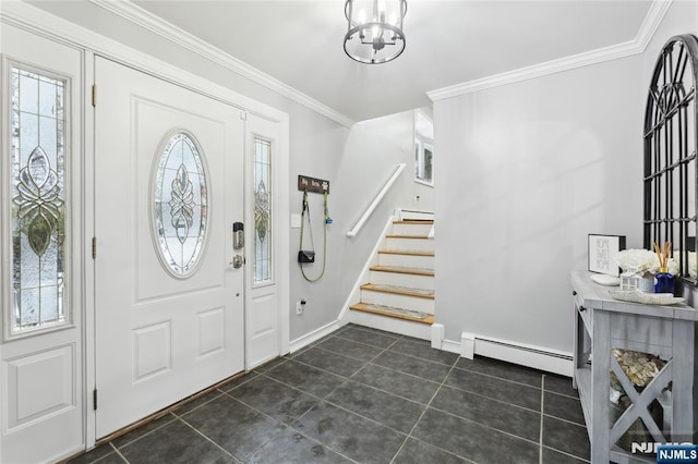 foyer entrance with dark tile patterned flooring, a baseboard radiator, stairway, crown molding, and a baseboard heating unit