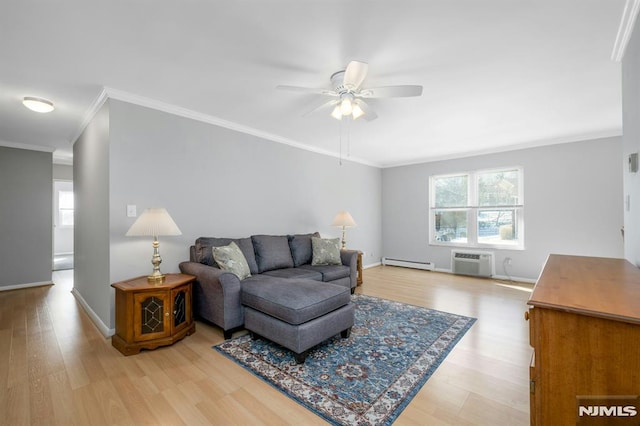 living room featuring a baseboard radiator, light wood-style floors, ceiling fan, a wall mounted air conditioner, and baseboards