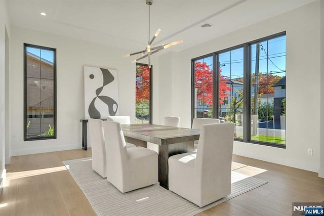 dining room featuring a chandelier, a healthy amount of sunlight, and wood finished floors