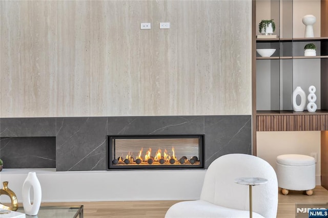 interior details featuring a glass covered fireplace and wood finished floors