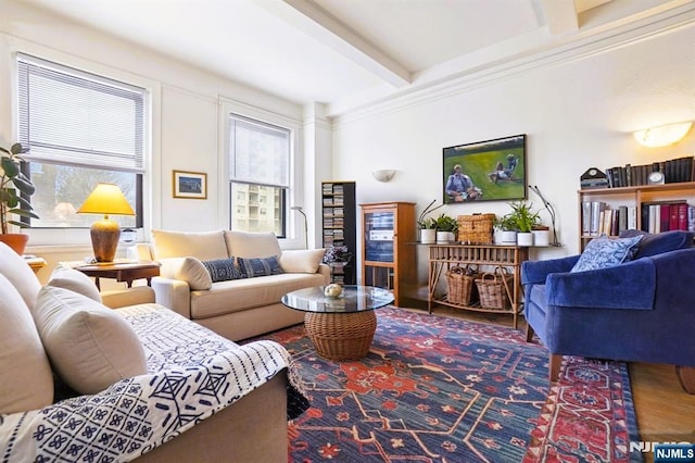 living area featuring a wealth of natural light, beam ceiling, and wood finished floors