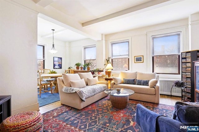 living area with radiator heating unit, beamed ceiling, and wood finished floors