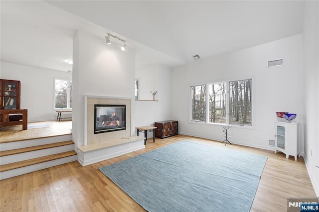 living area featuring light wood finished floors, baseboards, visible vents, and a glass covered fireplace