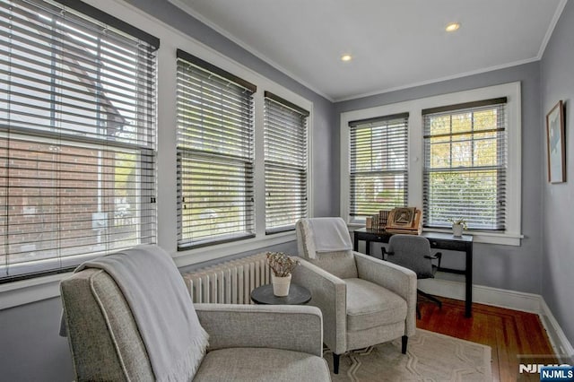 living area featuring wood finished floors, ornamental molding, baseboards, and radiator heating unit