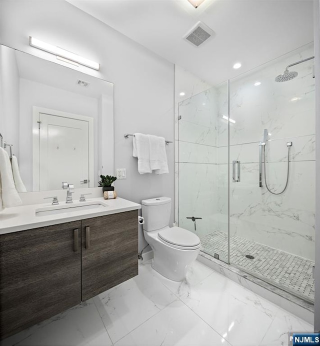 full bathroom with marble finish floor, visible vents, vanity, and toilet