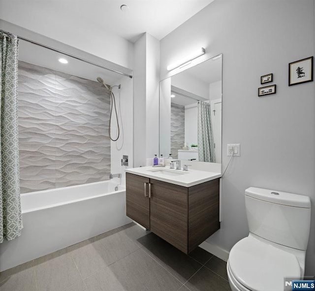 bathroom featuring vanity, shower / tub combo, tile patterned flooring, and toilet