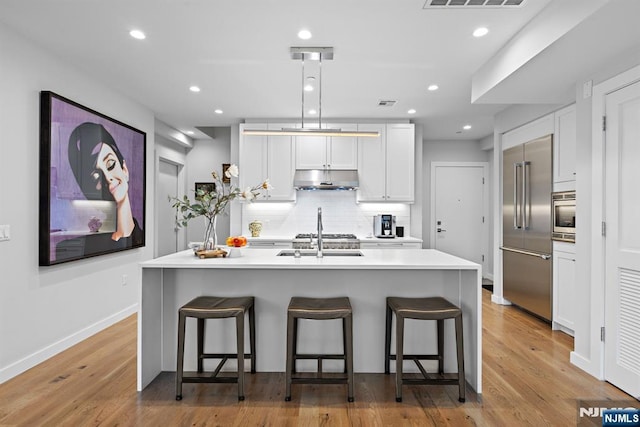 kitchen with a kitchen island with sink, light countertops, and white cabinetry